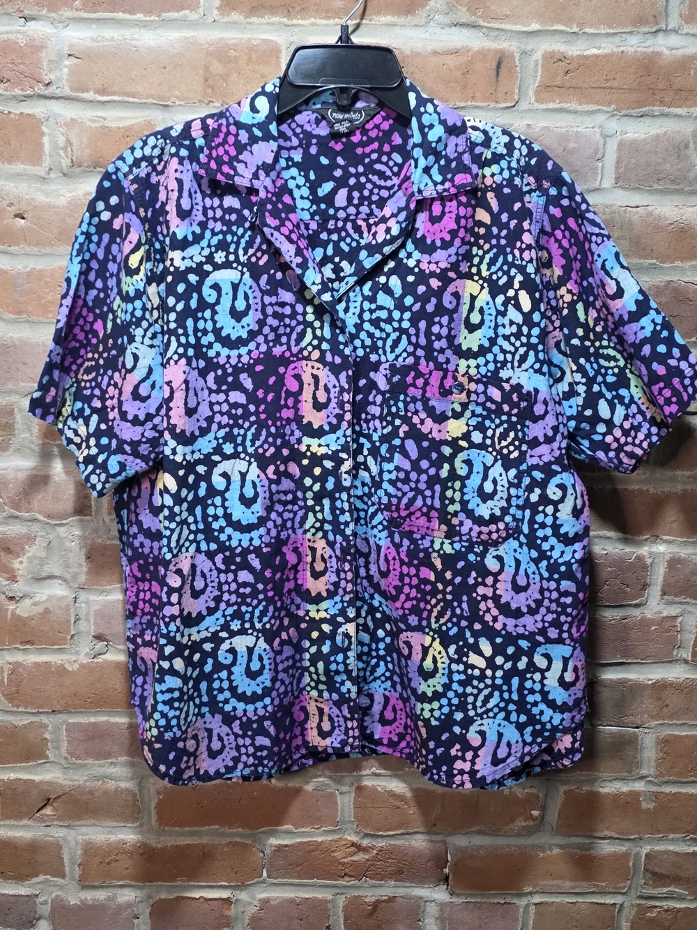 Vintage New Mints Neon Rainbow Batik Paisley Cotton Button Up Shirt M